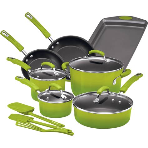 Rachael Ray Hard Enamel Nonstick 14-Piece Cookware Set, Green Gradient ...