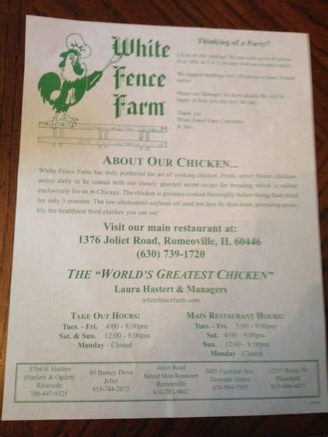 Menu at White Fence Farm restaurant, Joliet, 80 Barney Dr