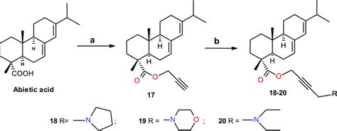 Synthesis of abietic acid Mannich bases a. C3H3Br, K2CO3, DMF, 40 °C,... | Download Scientific ...