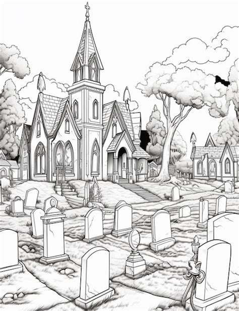 Premium Photo | A drawing of a cemetery with a church and graveyard in the background generative ai