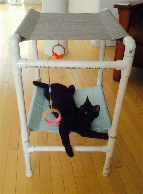 This little diy cat bunk bed makes your kitty feel happy and relaxed! Use pipes and fabric to ...