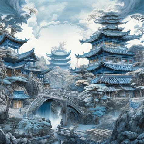 Premium AI Image | A painting of a chinese landscape with a bridge and ...