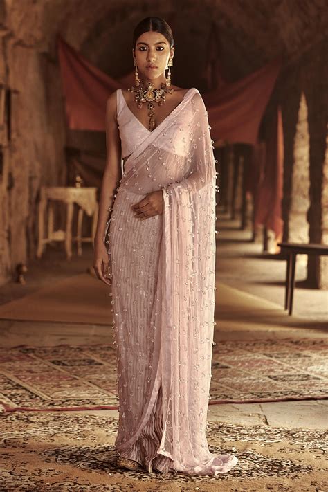 Buy Itrh Pink Silk Organza Saree With Blouse Online | Aza Fashions