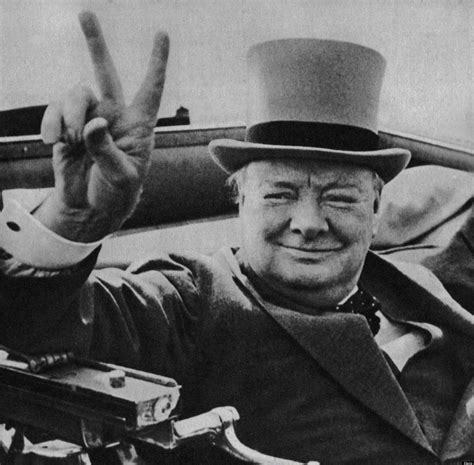 British wartime leader Winston Churchill with his famous V for victory sign. Image from the ...