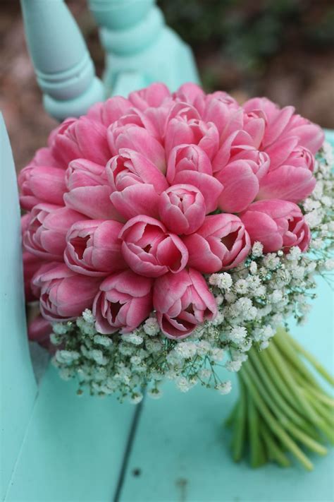 Pink Tulips with a collar of Gypsophila (Baby's Breath) // LSL Event Design | Wedding flowers ...