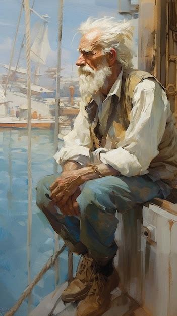 Premium AI Image | A painting of a man sitting on a bench with a ship ...