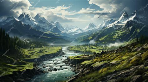 Premium AI Image | fantasy mountain landscape with forest and river