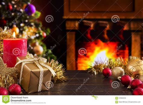 Christmas Scene With Fireplace And Christmas Tree In The Backgro Stock ...