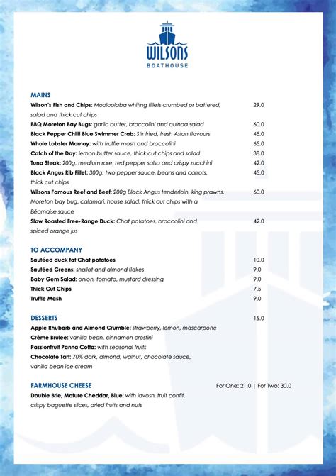 Menu at Wilsons BoatHouse restaurant, Manly, 4 Trafalgar St