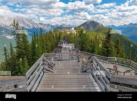 People hiking the Sulphur Mountain hiking trail after Banff Gondola cable car, Banff national ...