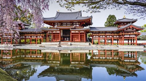 Byodo-In Temple, Japon, étang, réflexion, ressort, cerise Fonds d'écran… | Architecture ...