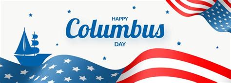 Happy Columbus Day header or banner design with illustration of ship on American flag pattern ...