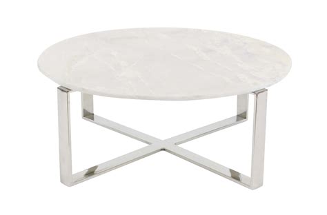 DecMode 31” Round White Marble Coffee Table w/ Silver Stainless Steel ...