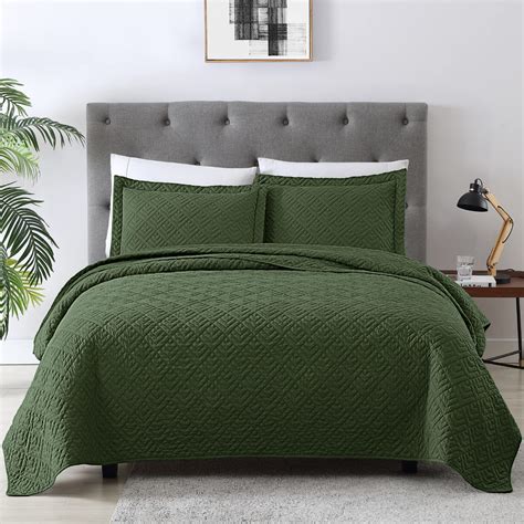 EXQ Home Quilt Set King Size Olive Green 3 Piece,Lightweight Soft Coverlet Modern Style Squares ...