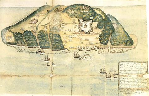 an old book with a drawing of a small island in the middle, and several smaller boats on it