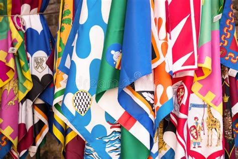 Flags of the Siena Contrade Districts, Palio Festival Background, in Siena, Tuscany Italy Stock ...