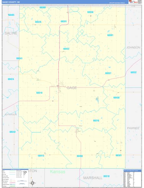 Gage County, NE Zip Code Wall Map Basic Style by MarketMAPS - MapSales