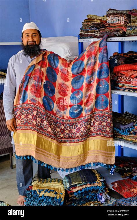 India, Gujarat, Kutch, Bhuj, Ajrakhpur, Ajrak block printing textile ...