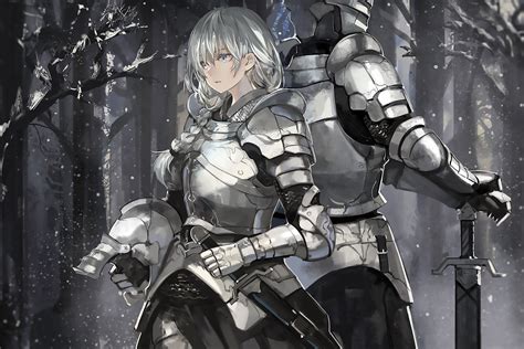 Anime Original Girl Armor Knight White Hair Snow Sword Wallpaper ...