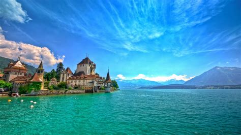 Castle Tag - Beautiful Clouds Water Sky Boat Castle Thun Switzerland Blue Green Lake Mountains ...