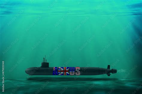 3D rendering of AUKUS Nuclear submarine in the deep sea, The US, UK ...