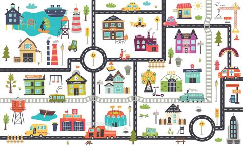 Horizontal children's map with roads, cars, buildings 6477596 Vector ...