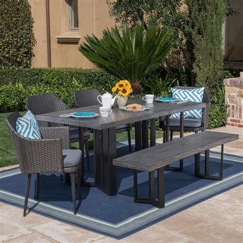 Tammy Outdoor 6 Piece Black Wicker Dining Set with Textured Grey Oak Finish Light Weight ...