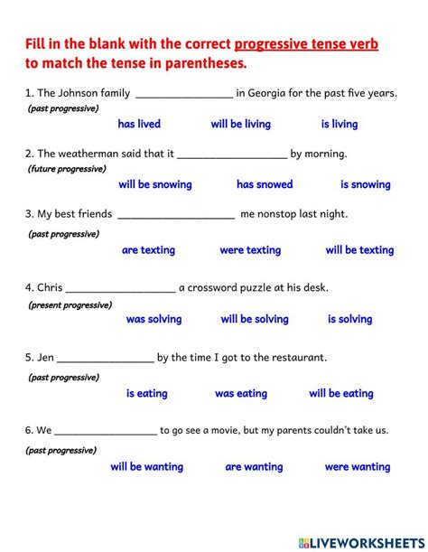 Progressive Tense Verbs Test worksheet