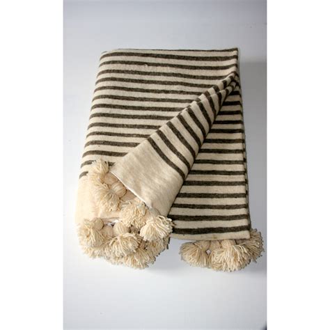 Moroccan Pom Pom Blankets Natural Grey Stripes - Maud interiors