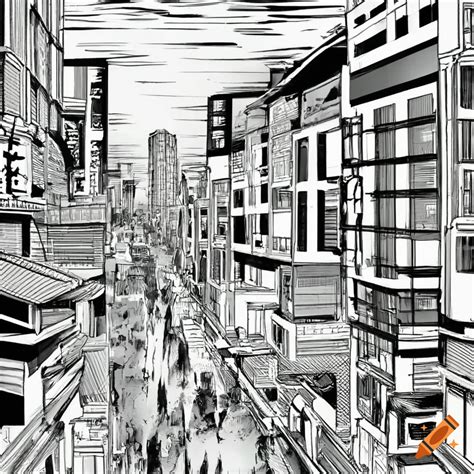 Black and white background image of a city in the style of japanese ...