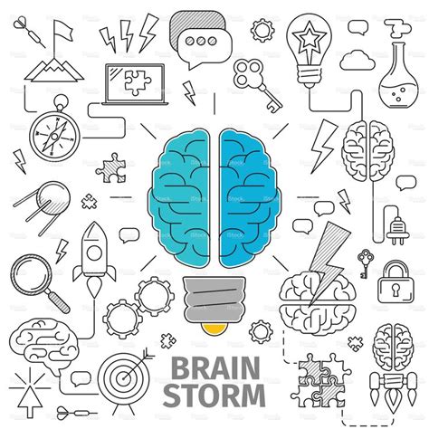 Flat Line Art concept of a brainstorm. Innovation and solution ...