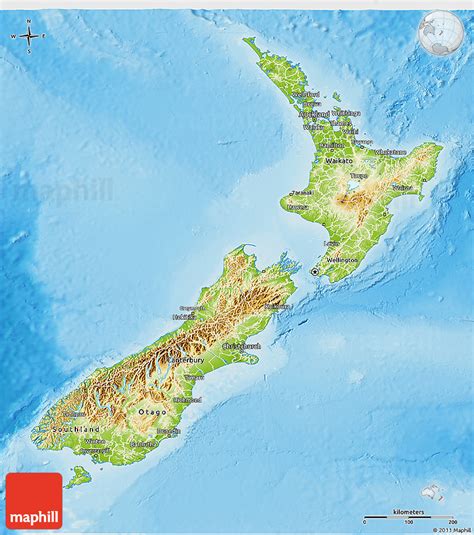 Physical 3D Map of New Zealand, desaturated, land only