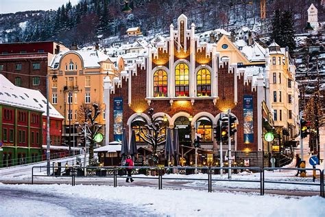 Bergen, Norway, house, snow, mountains, town, street, lights, winter ...