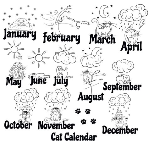 Cat calendar. Funny cat drawn by hand at different times of the year ...