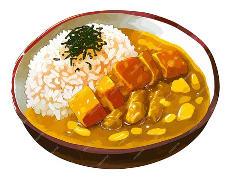 Ilustración de vector de dibujos animados de vector de arroz al curry en el plato | Vector Premium