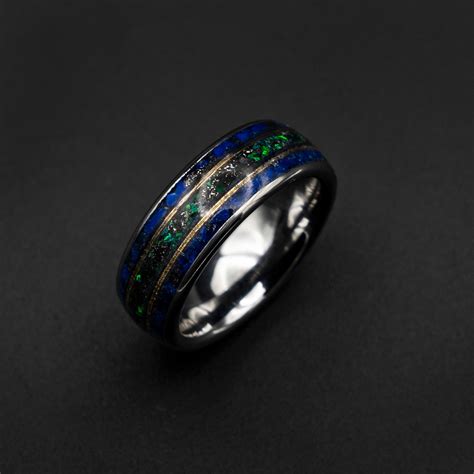 Meteorite ring men, opal ring, Lapis lazuli ring, wedding band mens, raw gemstone ring, gold ...