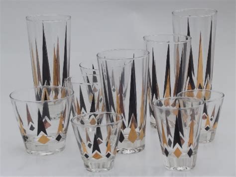 Mod vintage bar glasses set, golden peaks black & gold atomic rays