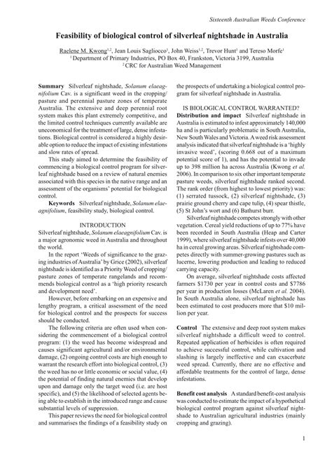 (PDF) Feasibility of biological control of silverleaf nightshade in Australia