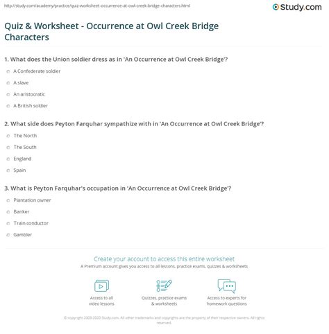 Quiz & Worksheet - Occurrence at Owl Creek Bridge Characters | Study.com