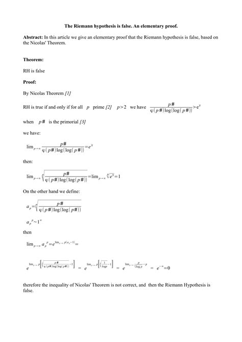 (PDF) The Riemann hypothesis is false. An elementary proof.