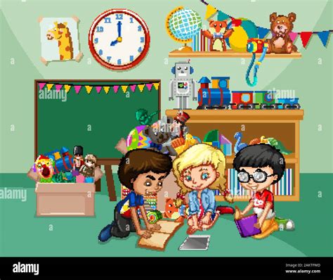 Scene with three kids reading books in the classroom illustration Stock Vector Image & Art - Alamy