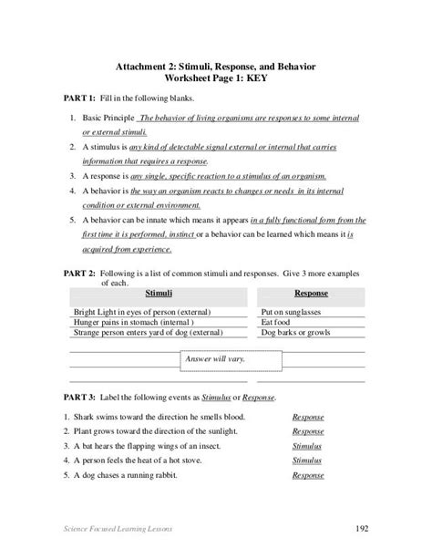 Stimulus and Response Worksheet 2 with Answers