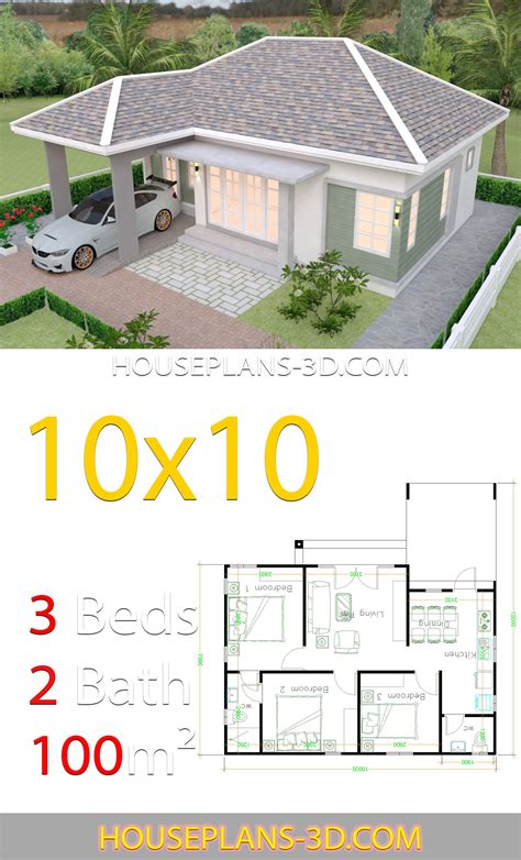 House Design 10x10 with 3 Bedrooms Hip roof - House Plans 3D