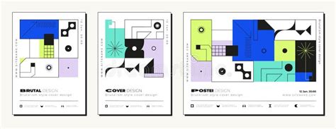 Brutalist Vertical Covers, Brutalist Posters. Set of Abstract Geometric Futuristic Figures with ...