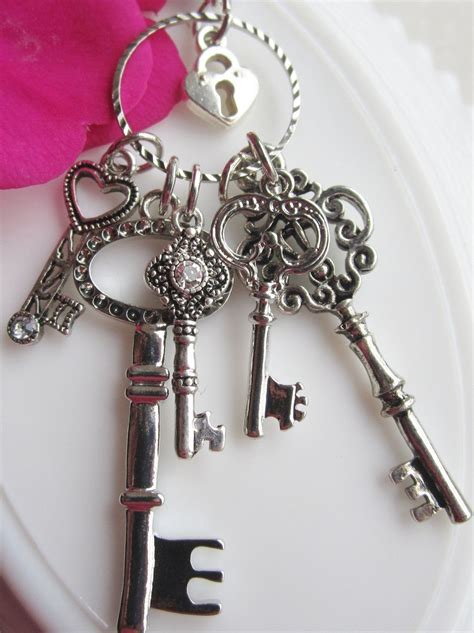 Alice Inspired Keeper of the Keys Necklace. Silver Key Necklace, Skeleton Key Pendant,Lock and ...