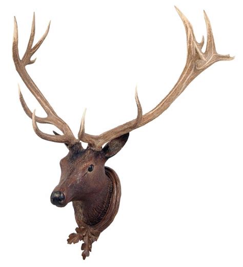 Carved Deer Head with trophy antlers, late nineteenth century, glass eyes, wreath with oak ...