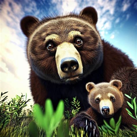 Premium AI Image | Mother and Cub Bear in the Grass