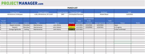 Project Management Punch List Template