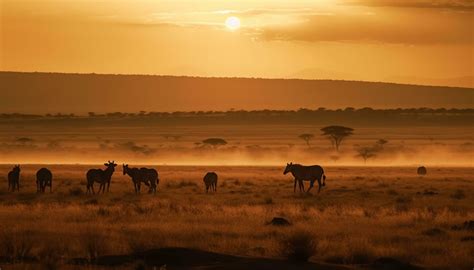 Sunset over African savannah, a herd of grazing elephants generated by ...