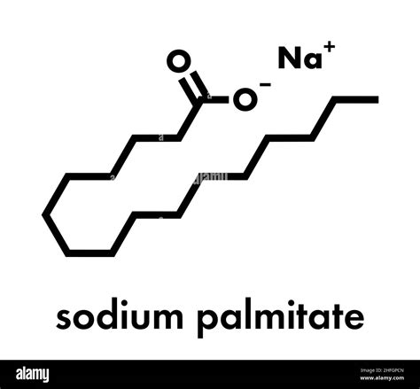 Sodium palmitate soap molecule. Prepared from palm oil by saponification. Skeletal formula Stock ...